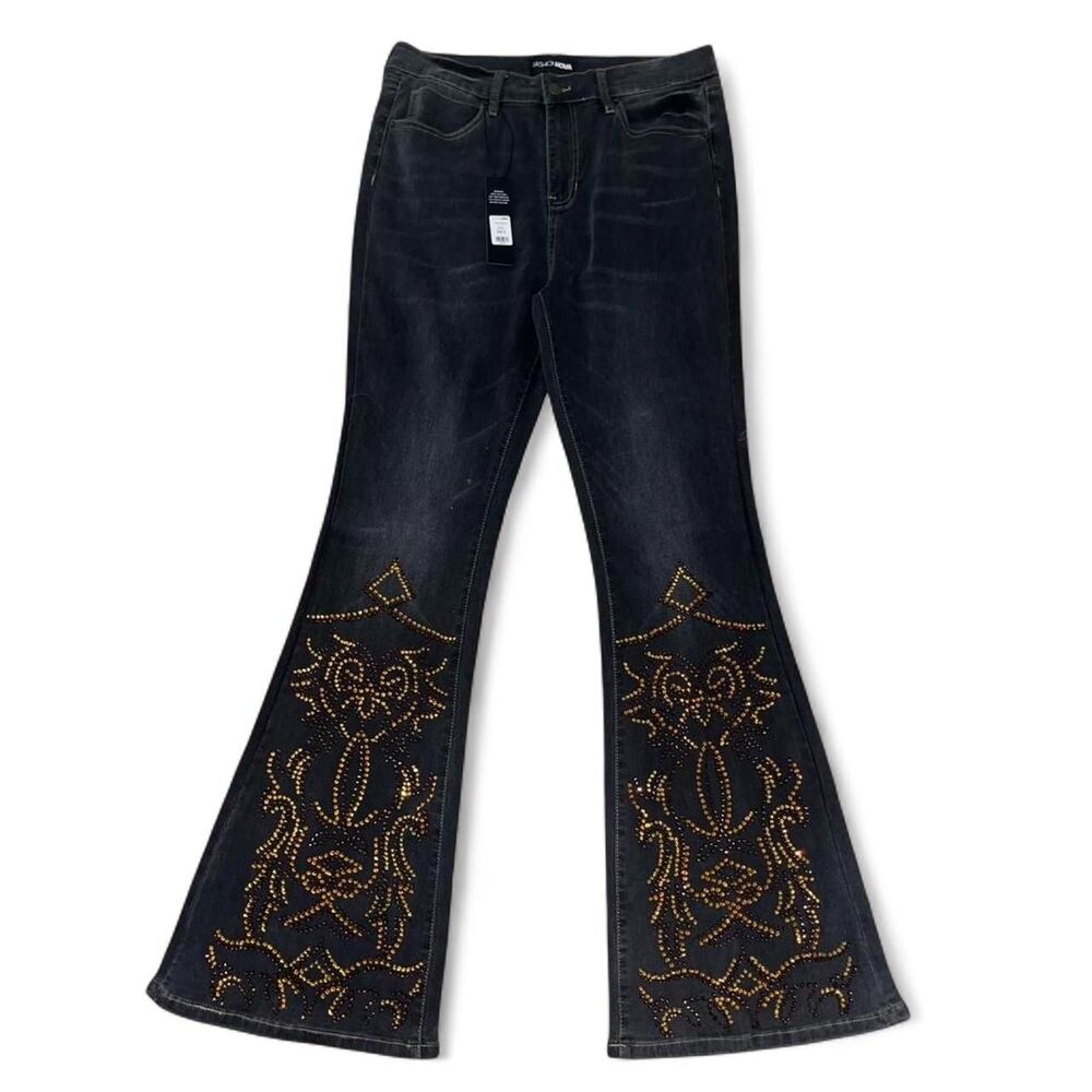 Fashion Nova Women's Wash Black Denim Stretch Flare Jeans with Rhinestones SZ 13